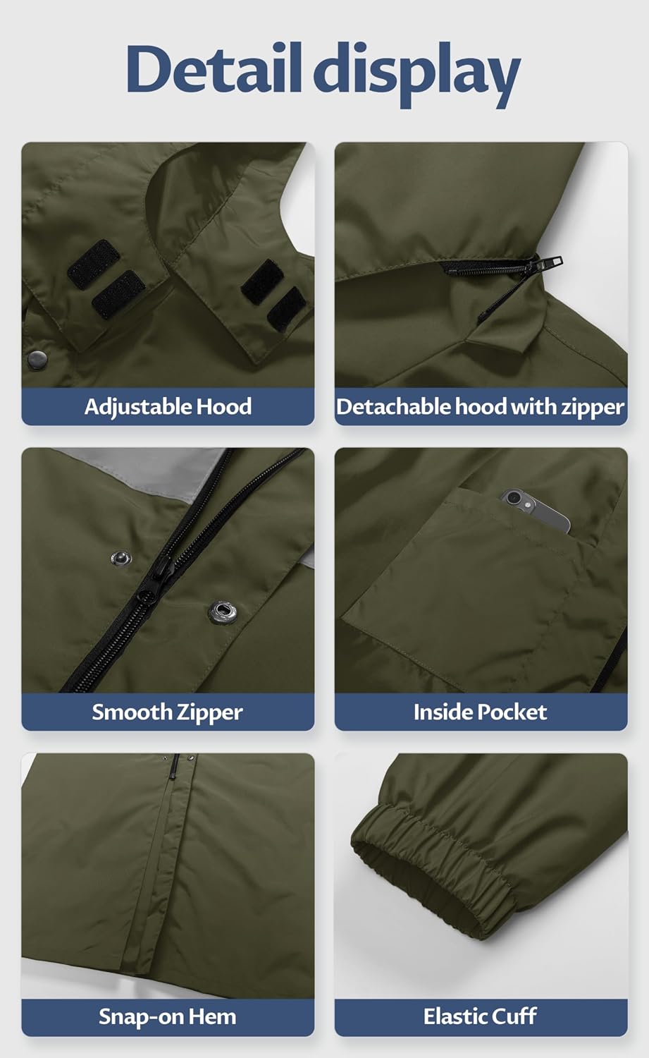 CREATMO US Men's Long Rain Coat Waterproof Packable Rain Jacket Outdoor Lightweight Windbreaker with Hood