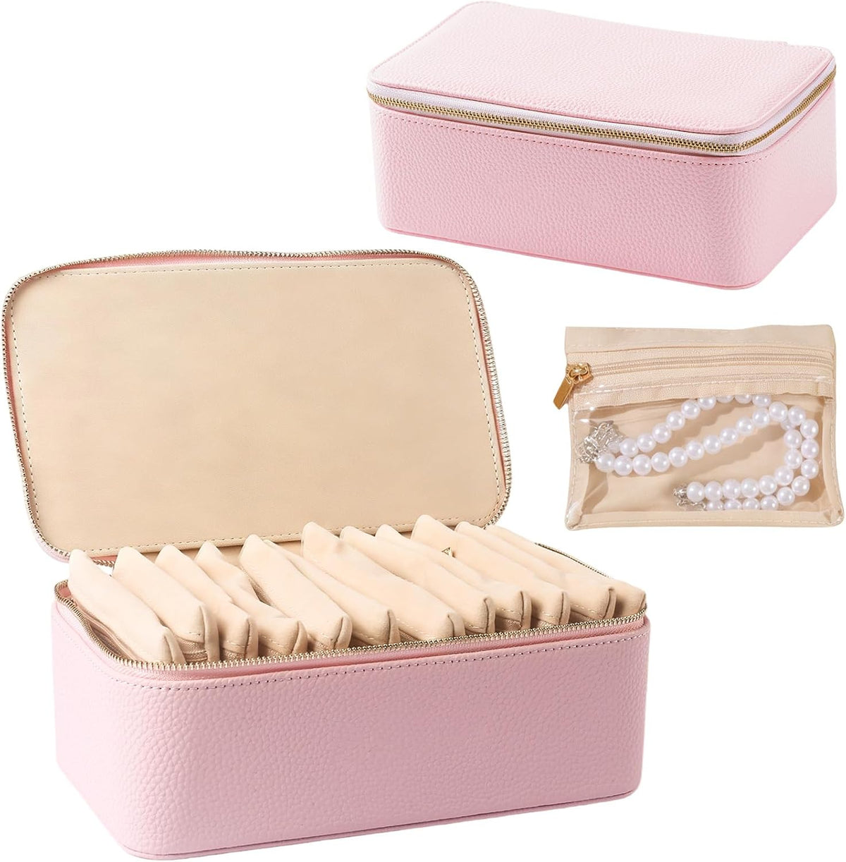 Travel Jewelry Case with 12 Velvet Zipped Pouches Bags, Hot Pink