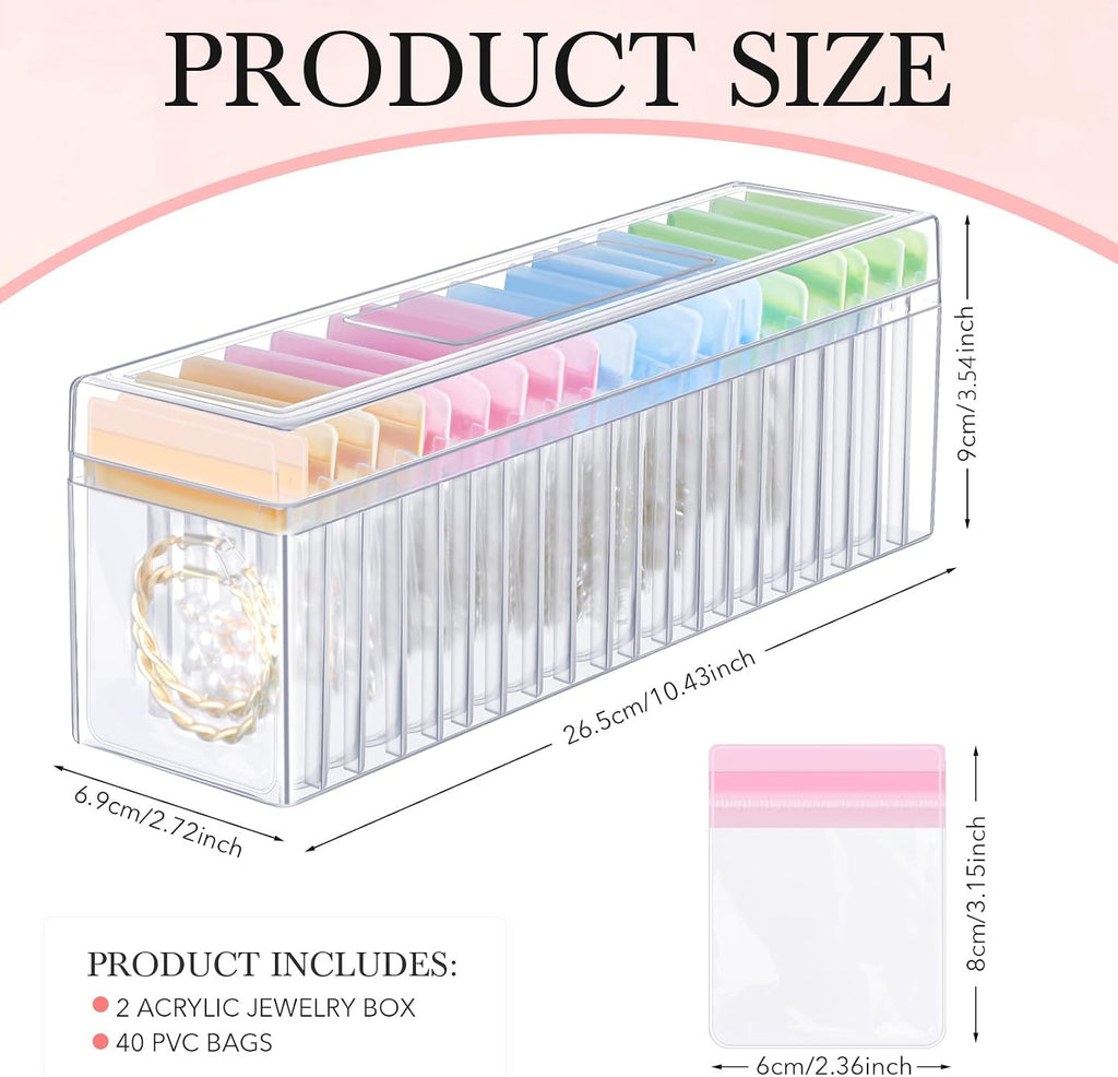 Kenning 42 Pcs Acrylic Jewelry Case Organizer, Clear Jewelry Organizers Holder with Portable Anti Tarnish Storage Bags for Rings, Earrings, Necklaces, Ideal Gifts for Women (Four Color Mixture)
