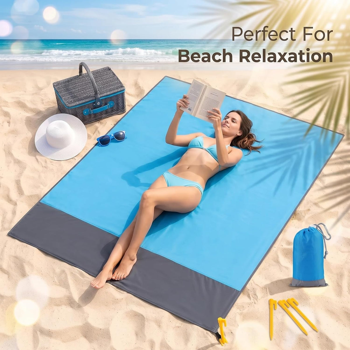 4-Piece Blue-Gray Color-Block Beach Blanket Waterproof Sandproof Set, Ripstop Polyester Mat with Stakes Carabiner, Lightweight Portable Outdoor Picnic Mat, Windproof Camping Essentials