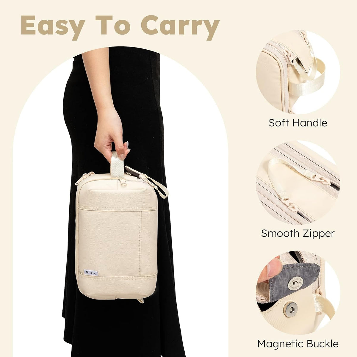 NOL Toiletry Bag for Men/Women, Water-Resistant Nylon Travel Organizer with Multiple Compartments, Flat-Open Makeup Cosmetic Bag with Dual Zippers & Side Handle, Shaving Dopp Kit for Toiletries, Cream