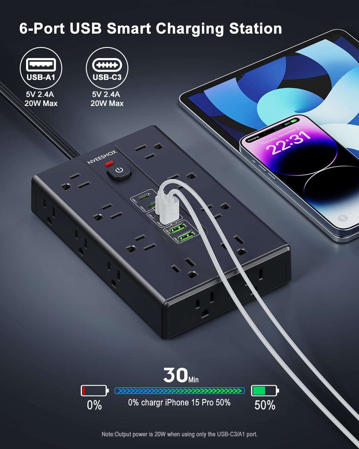 Surge Protector Power Strip with 16 AC Outlets 6 USB Ports(3 Type C)