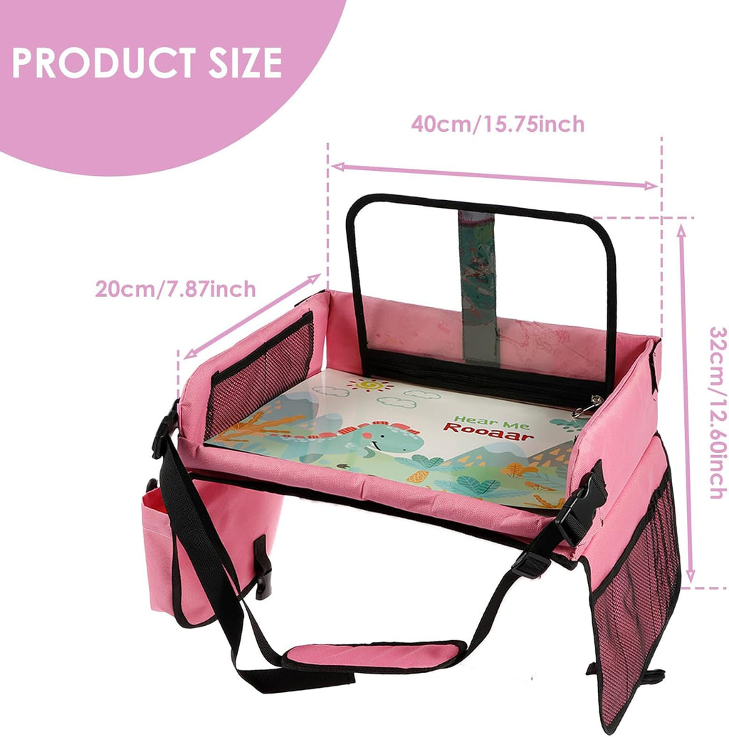 Kids Travel Tray for Toddler Car Seat, Toddler Car Seat Lap Tray, Car Seat Organizer Toddler, Car Lap Desk Table with Storage Pocket, Kids Active Eating Tray for Road Trip, Airplane, Stroller (PINK)