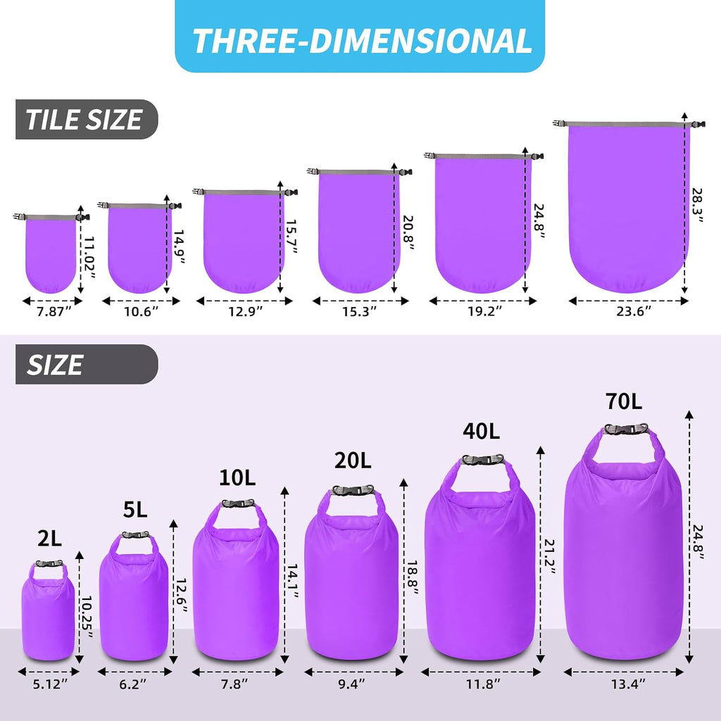 Dry Bag Set, Waterproof Small Lightweight Dry Bags for Paddle Board Kayaking, Fishing, Camping(Purple, 2L+5L+10L)