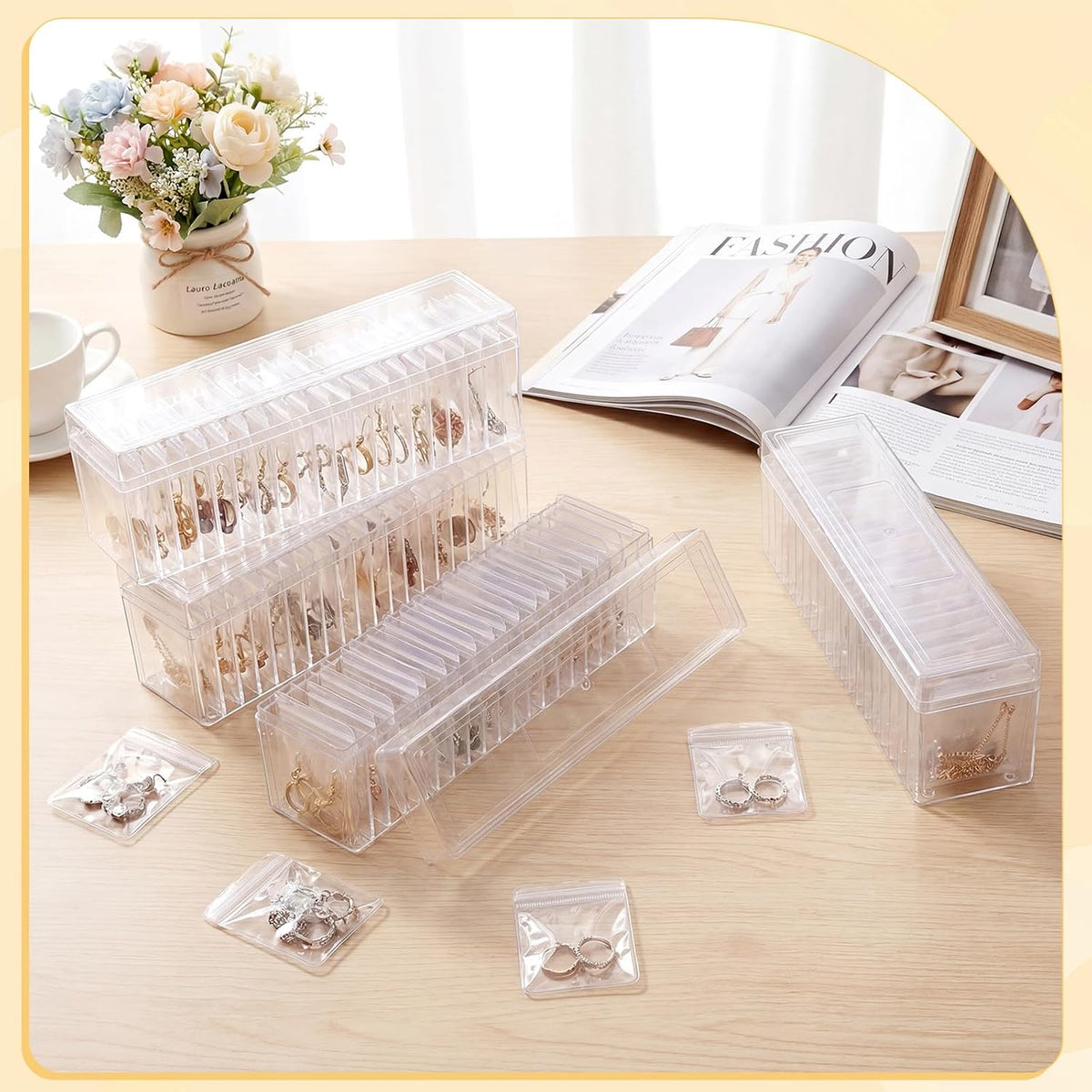 Kenning 126 Pcs Acrylic Jewelry Case Organizer, Clear Jewelry Organizers Holder with Portable Anti Tarnish Storage Bags for Rings, Earrings, Necklaces, Ideal Gifts for Women (Clear)