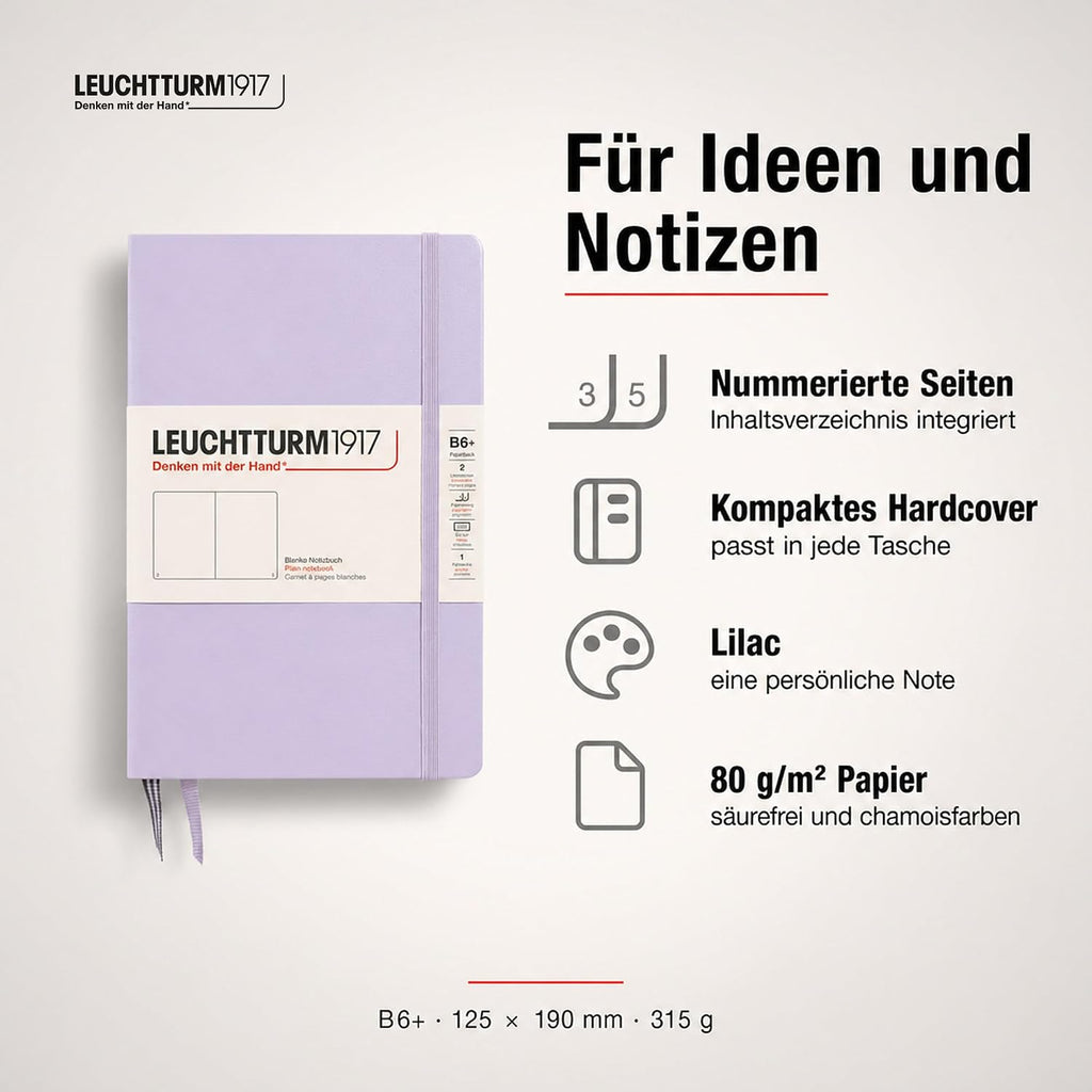 LEUCHTTURM1917 - Notebook Hardcover Paperback B6+ - 219 Numbered Pages for Writing and Journaling (Lilac, Plain)