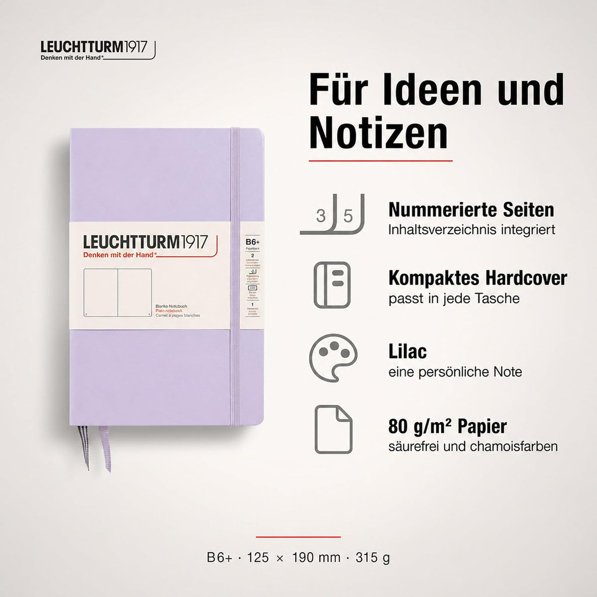 LEUCHTTURM1917 - Notebook Hardcover Paperback B6+ - 219 Numbered Pages for Writing and Journaling (Lilac, Plain)
