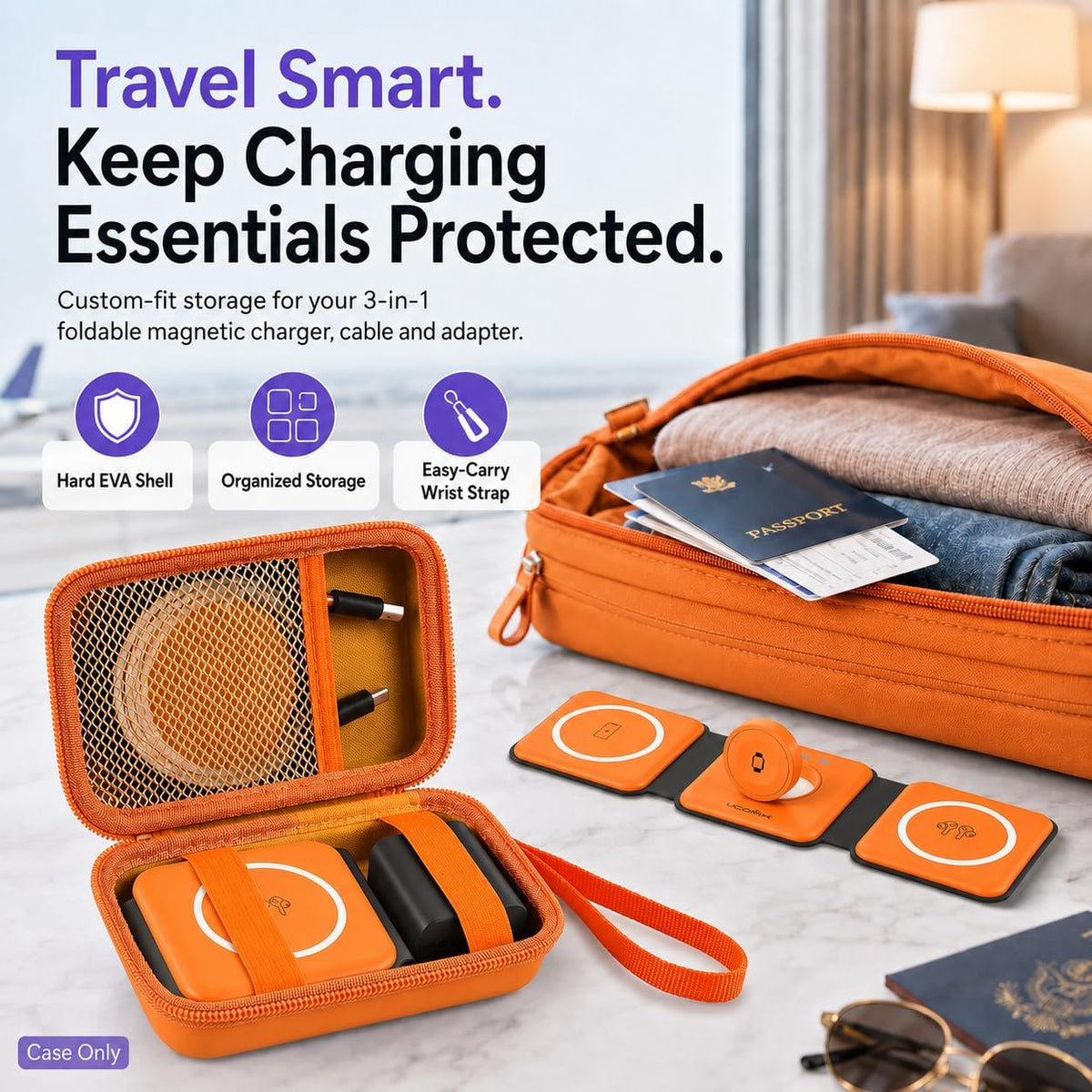 Travel Case for UCOMX for Nano/for Rtops/for Hicober/for Iseyyox 3 in 1 Wireless Charger, Foldable Magnetic Charging Station Storage Holder Bag for Fast Charge Pad Cable, Adapter, Orange-Box Only