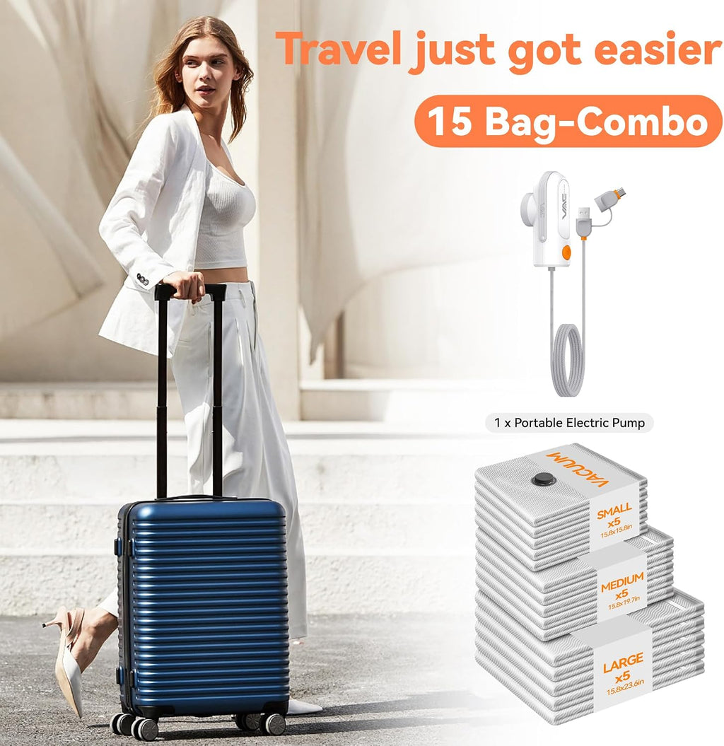 Vacuum Bags for Travel with USB & TYPE C Pump, Vacuum Seal Travel Bags, 15 Pack Carry-On Vacuum Storage Bags for Luggage & Suitcase, Space Saver for Clothes & Travel(Grey)