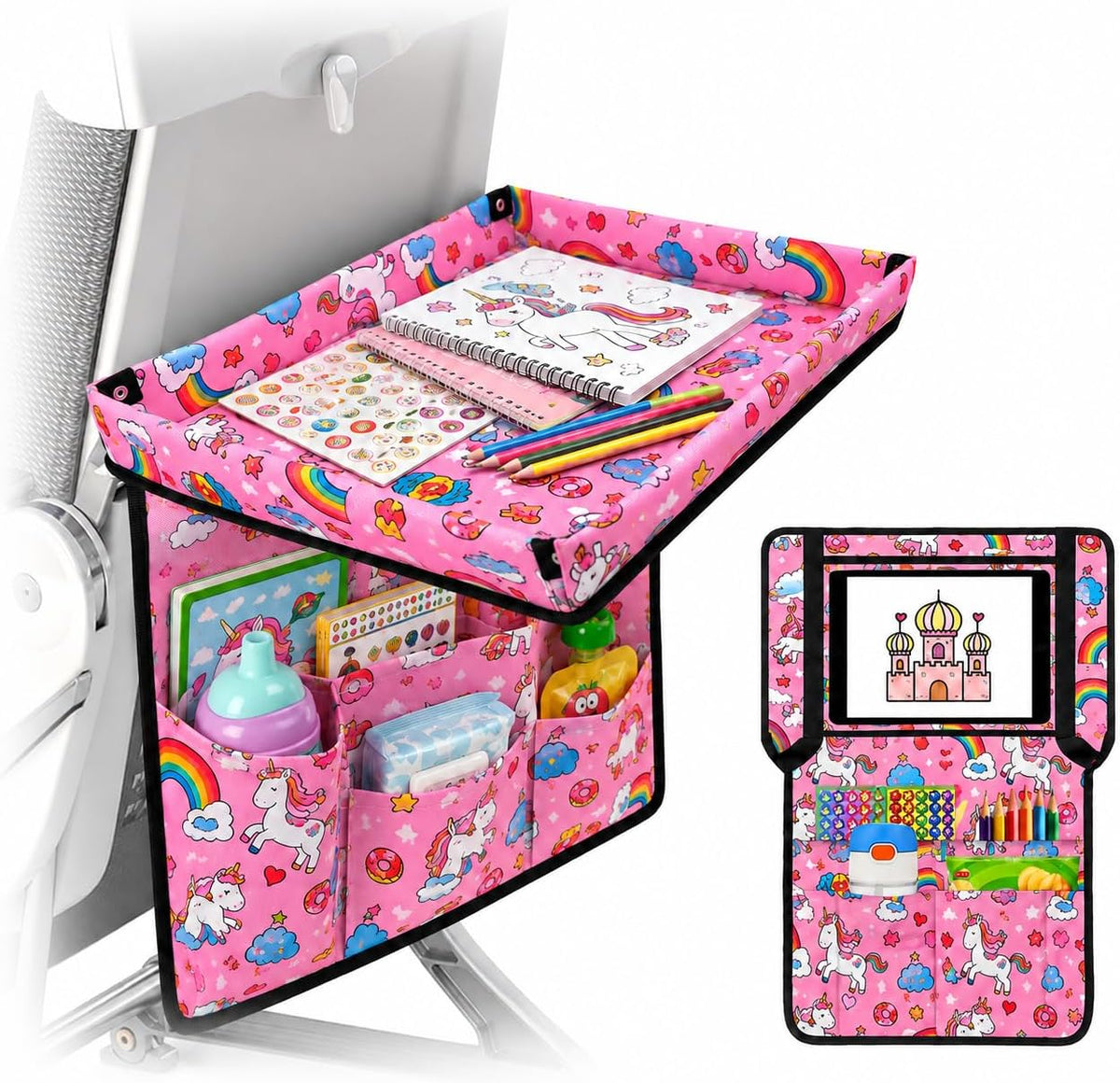 Adjustable Kids Tray Table Cover with Multi Portable Pockets, Airplane Travel Essentials for Kids, Toddlers, Adults, Airplane Must Haves, Plane Travel Essentials, Tray for Plane Train, Pink Dinosaur