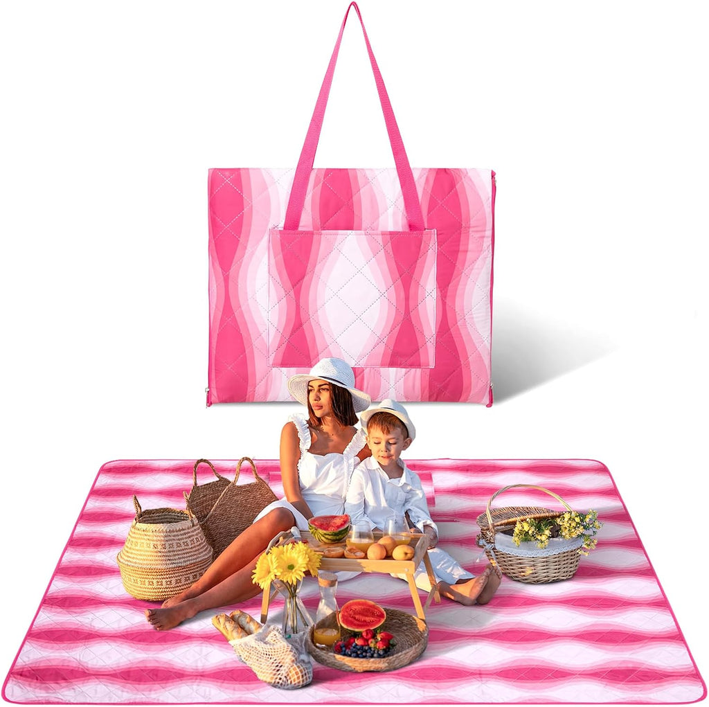 #WEJOY 3 in 1 Beach Blanket Waterproof Sandproof, Padded 3 Layers Outdoor Picnic Blanket Bag, 80x60'', 4 Person, Easy to Fold, Waterproof for Lawn,Camping, Park (Pink)