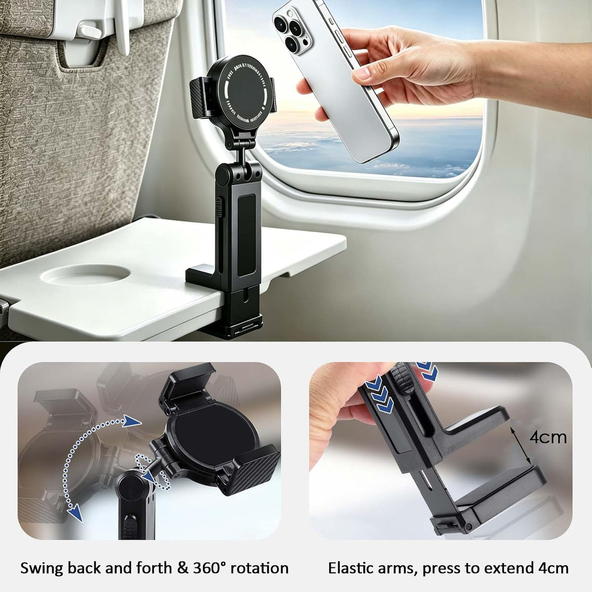 Airplane Travel Essentials Phone Holder for Desk,Magnetic Phone Holder with Clip, 360° Rotation, Travel Essential Mount for Airplane for Airplane, Travel Must Haves Phone Stand for Desk, Tray Table