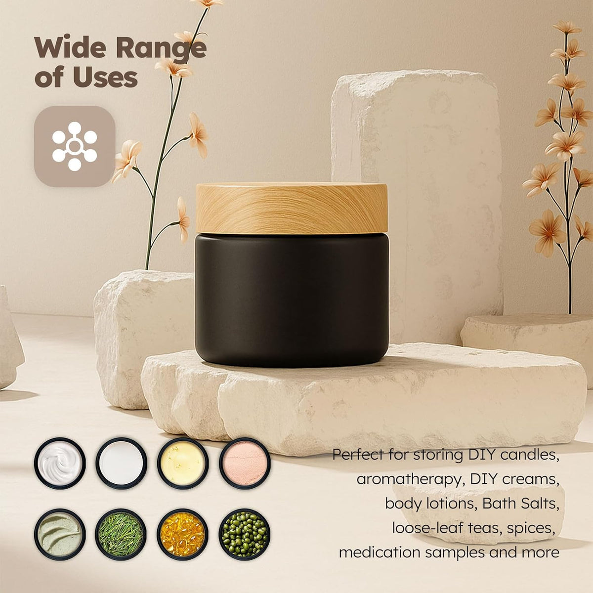 3 Pack 2 OZ Matt Black Small Glass Jars with Plastic Woodgrain Lids