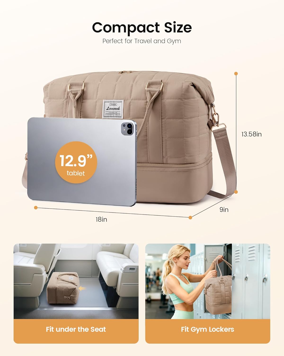 LOVEVOOK Travel Duffel Bag - Versatile Weekender Bag for Women, Puffer Carry On & Overnight Bag for Short Trips, Coffee Brown