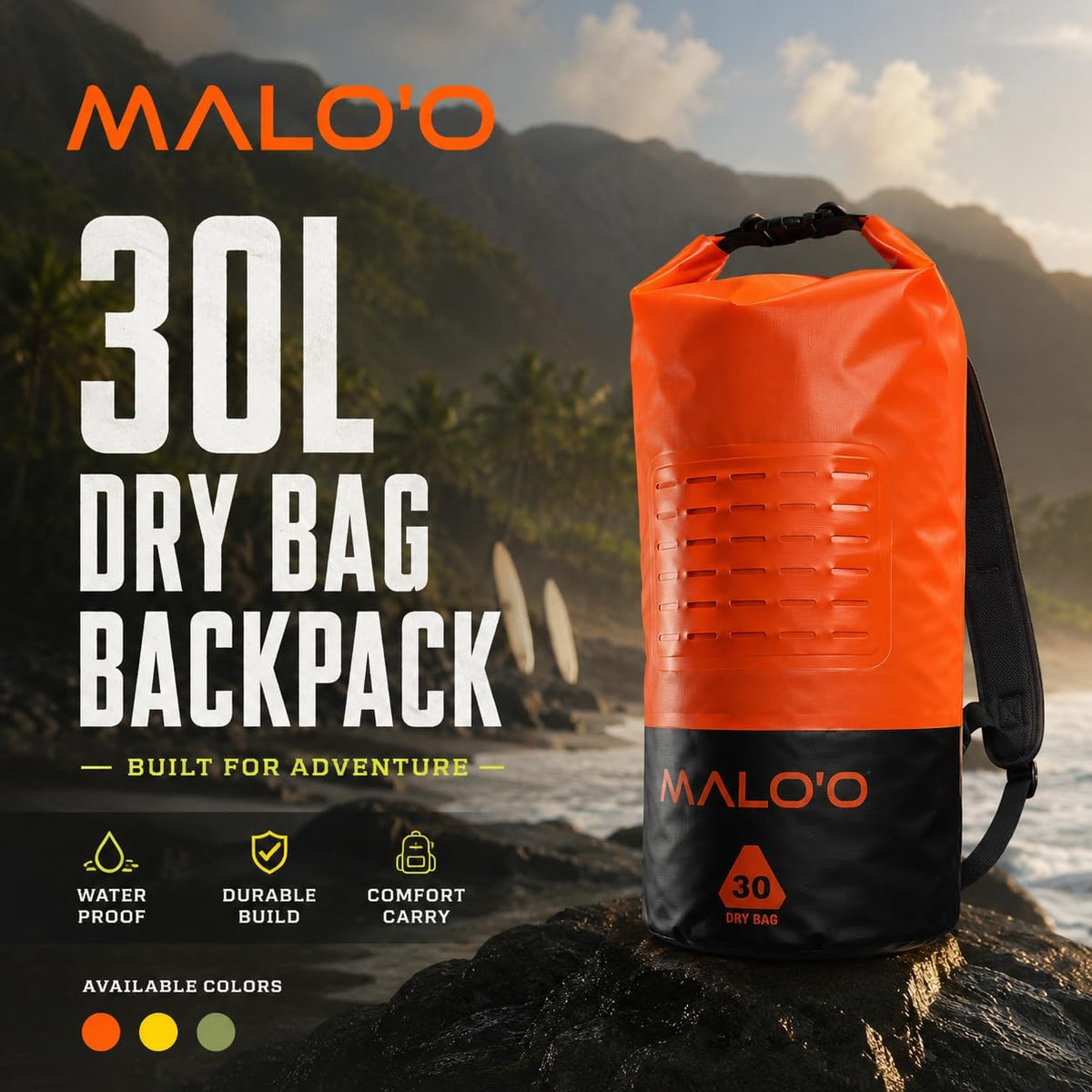 Malo’o DryPack 30L Waterproof Kayak Dry Bag, Heavy Duty Roll-Top Dry Bag with MOLLE Grid and Carry Straps for Fishing, Paddle Boarding, Boating, Camping, and Travel, Yellow