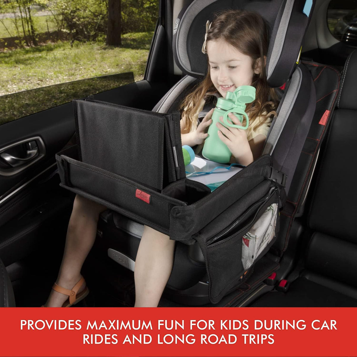 Lusso Gear Kids Travel Tray with Dry Erase Board (Blue) + Car Seat Protector (Black), Road Trip Essentials Kids, No-Drop Tablet Holder, Lap Desk, Cup Holder, Toddler Toy Storage, Fits Airplane…