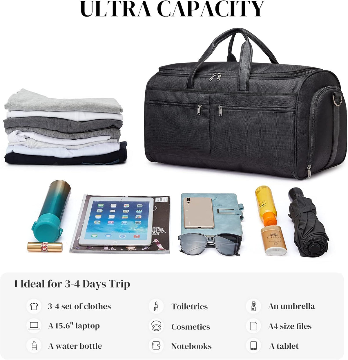 S-ZONE 50L Convertible Travel Garment Bag Carry on Garment Duffel Bag for Men Women 2 in 1 Hanging Suitcase Suit Business Travel Bag, Black