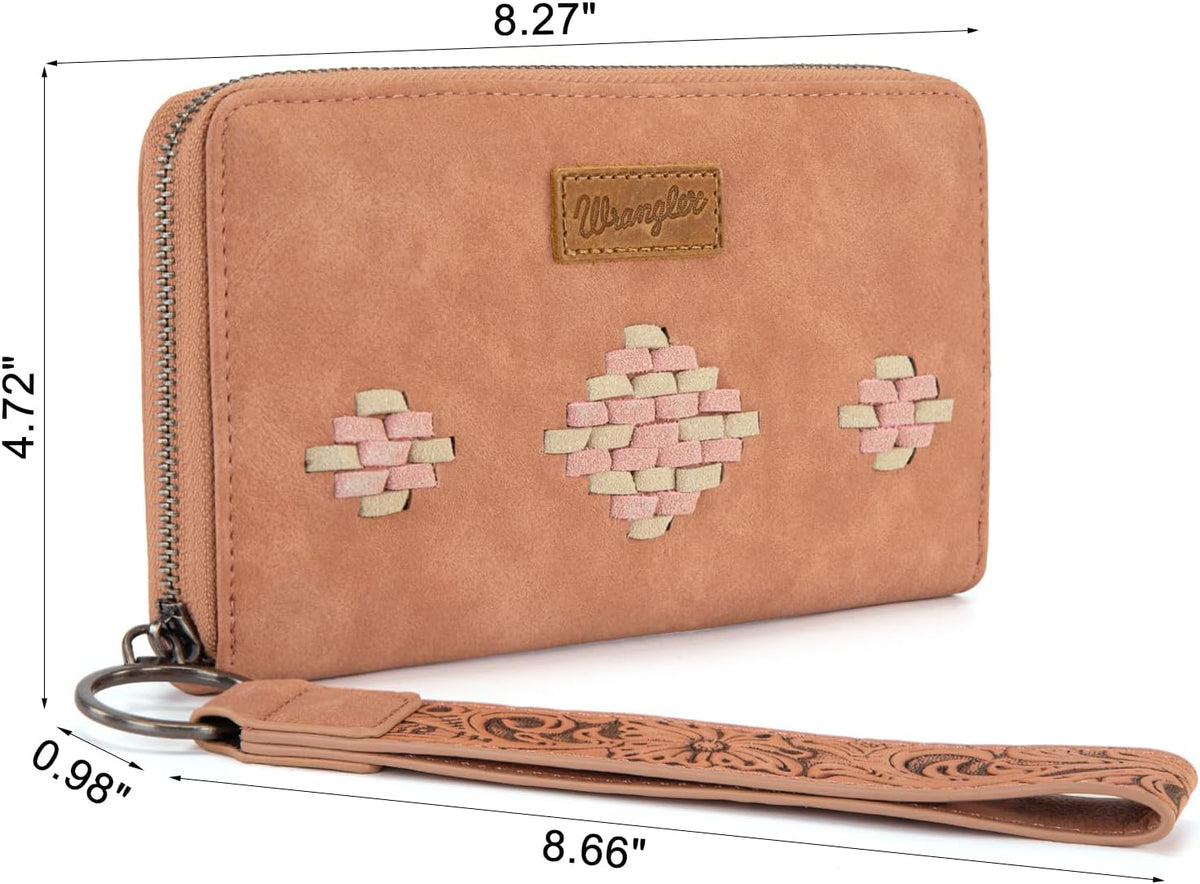 Wrangler Wristlet Wallet, Women Clutch Purses RFID Blocking with Aztec Boho Western Wrist Strap, Wristlet Purse with Zipper Pocket Card Holder for Women Girls Casual Travel Daily, WG310-W006DPK