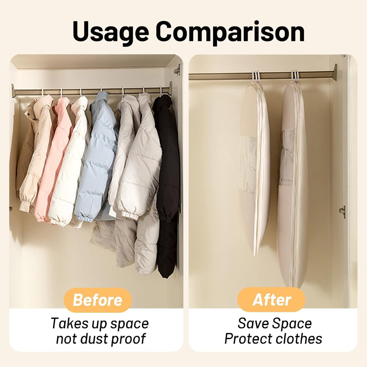 Space Saving Hanging Compression Garment Bag with Zipper for Closet Storage, Hanging Clothes Storage Bag, Garment Covers for Coats and Down Jackets, Gray, M