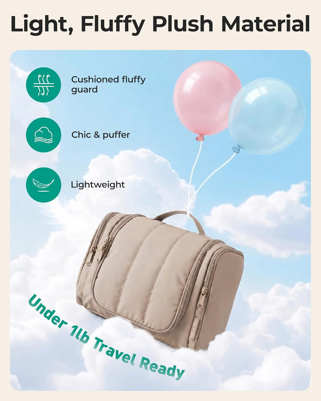 BAGSMART Travel Toiletry Bag for Women, Puffy Hanging Toiletry Bag with Hook, Water-resistant Toiletry Organizer for Full Sized Toiletries (Baby Blue)