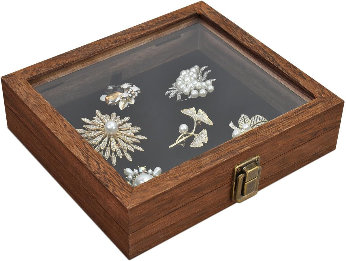 MOOCA Tempered-Glass Top 2 pieces Set Small Wooden Jewelry Display Case with Removable Black Luxurious Velvet Jewelry Display Pad, Deeper 2.2" Design for Collectibles, Brown Color.