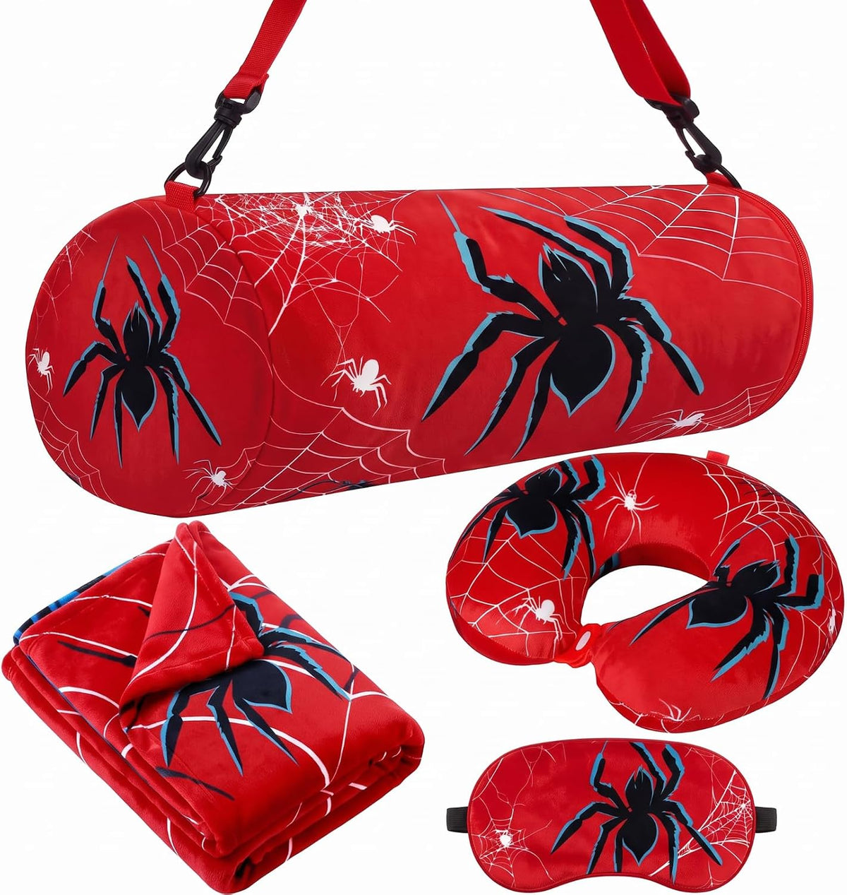 Moukeren 4 Pcs Spider Travel Pillow and Blanket Set