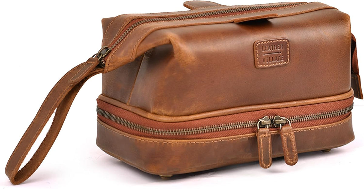LEATHER VILLAGE Leather Toiletry Bag for Men, Travel Dopp Kit Shaving Bag