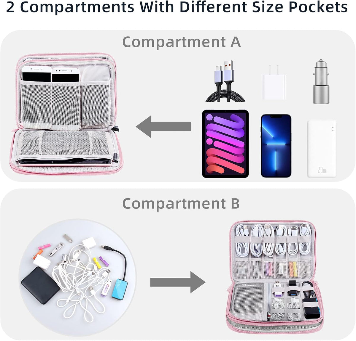 Electronic Organizer Travel Case, Travel Cable Bag, Water Resistant, Double Layers Pouch for Cables, Cords, iPad Mini, Gift for Women, Nylon, Pink, 9.5 x 6.9 x 1 Inch, 6.6 OZ