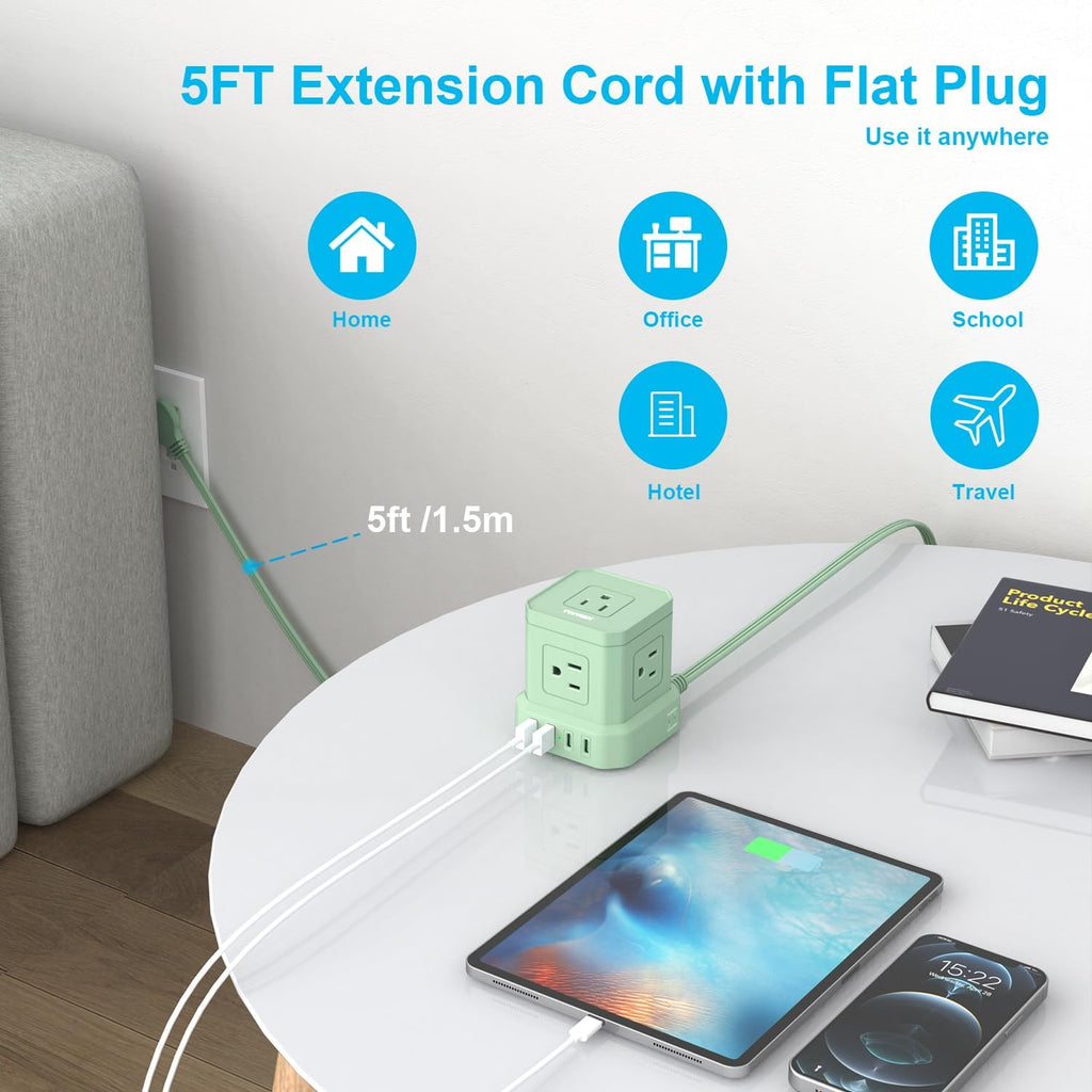TOPREK Power Strip with USB, 5 Outlets, 2 USB-C and 2 USB-A, 5FT Flat Extension Cord with Ultra Thin Wall Plug for Tight Spaces, Compact Surge Protector Power Strip for Home Office Dorm Travel