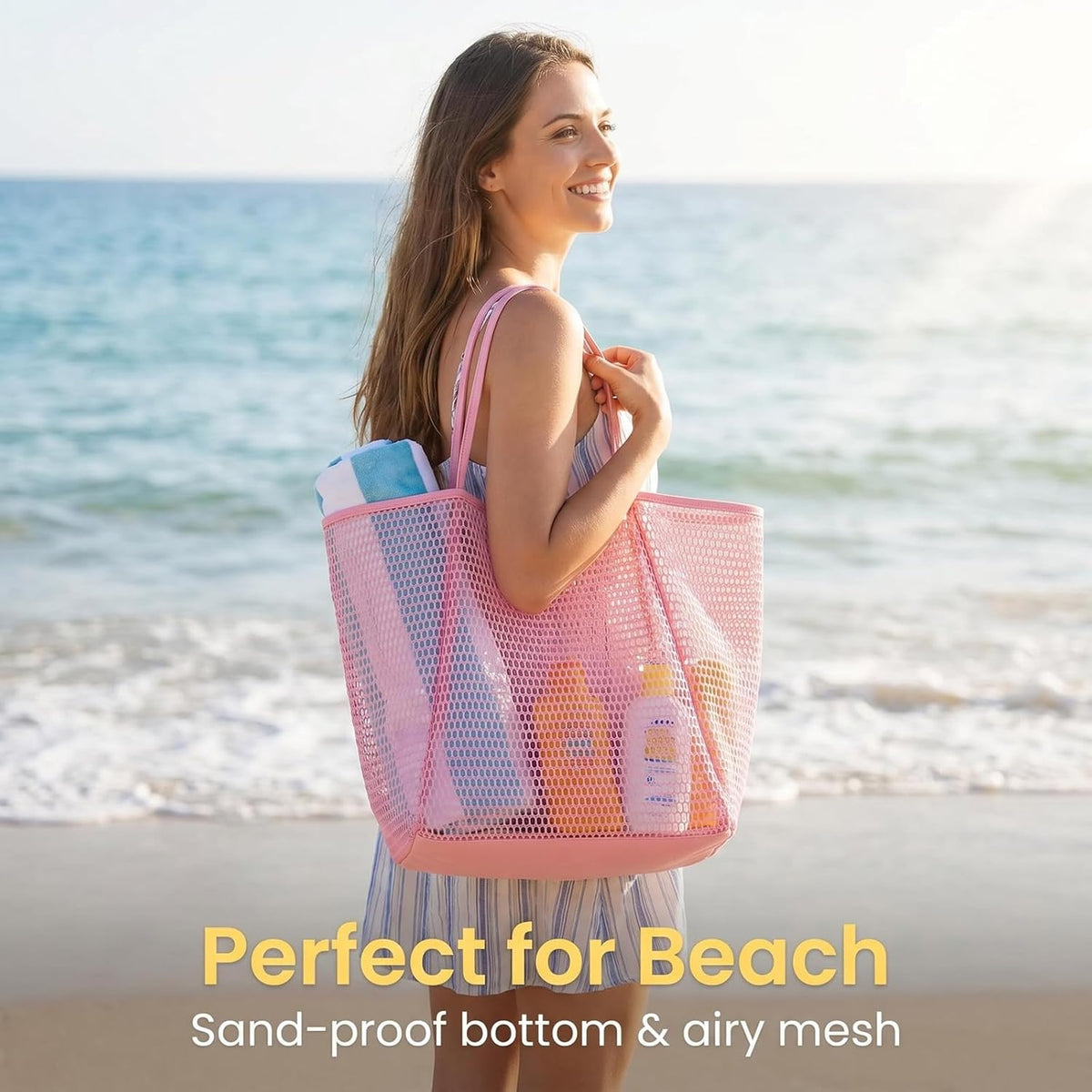 Women's Beach Bags, Lightweight Mesh Tote Bag, Sandproof Woven Shoulder Handbag with Zipper Pocket for Pool Travel