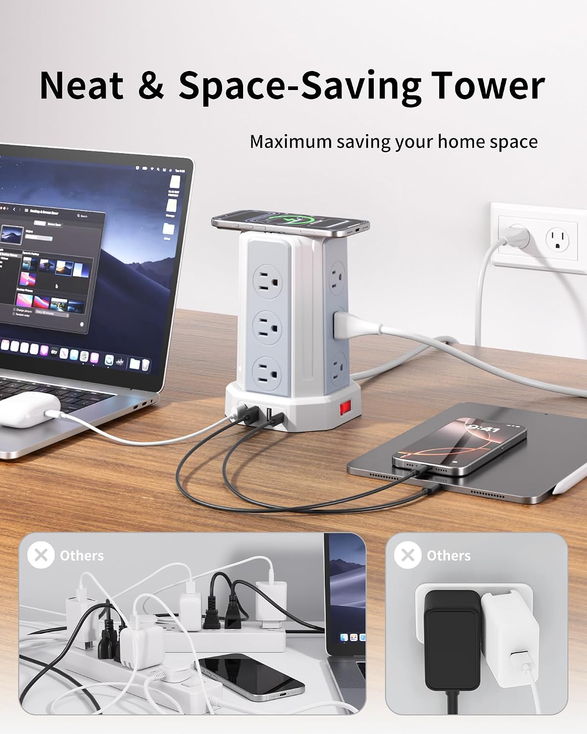 White Power Strip, 6.5 Ft Extension Cord with 12 AC Multiple Outlets 4 USB (2 USB C), SMALLRT Power Strip Tower Desktop Charging Station