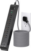 Surge Protector Power Strip 5FT, 10-in-1 with 6 AC Outlets 4 USB Ports(2 USB-C), Ultra Flat Plug Braided Extension Cord, Wall Mountable, 1080J Surge Protection, Black