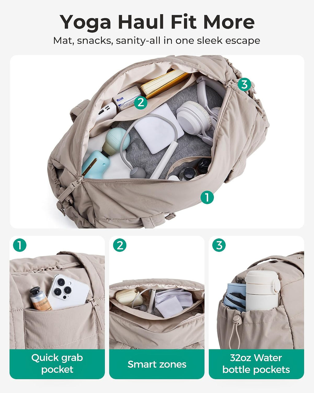 BAGSMART Reiki Gym Bag for Women Puffy Yoga Mat Travel Weekender Duffle Bag