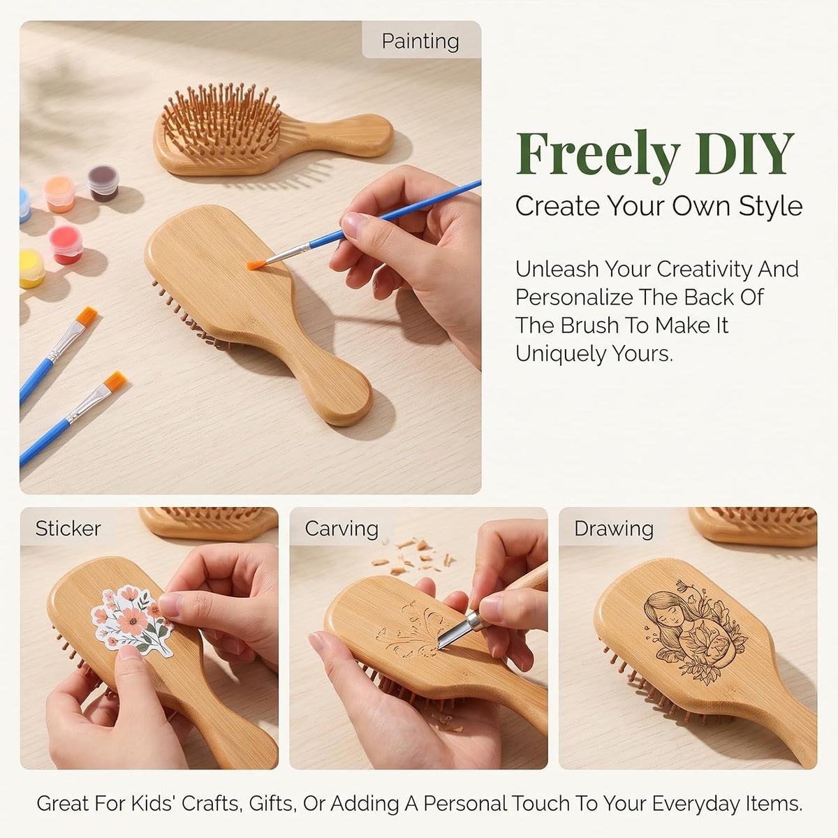 12 Set DIY Wooden Hairbrush Painting Kits, Mini Bamboo Hair Brush Bulk with Paint Brush and Palette, Hand Painted Crafts, Make Your Own Hair Brushes for Girls Hand Painted DIY Gift Party Crafts, Oval