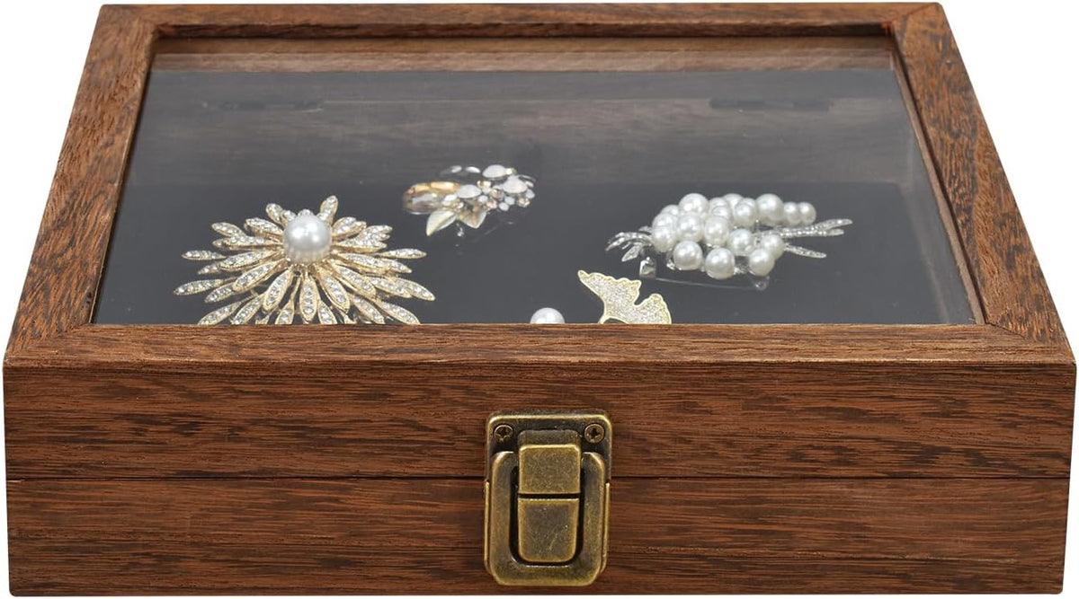 MOOCA Tempered-Glass Top 2 pieces Set Small Wooden Jewelry Display Case with Removable Black Luxurious Velvet Jewelry Display Pad, Deeper 2.2" Design for Collectibles, Brown Color.
