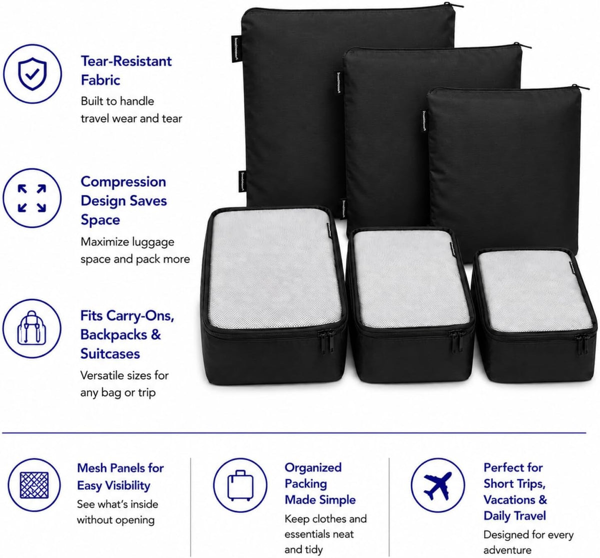 Brookstone Compression Packing Cubes, 6 Piece, Lightweight
