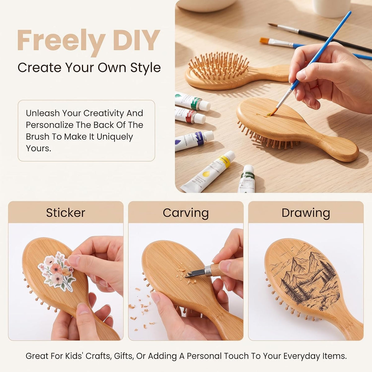12 Set DIY Wooden Hairbrush Painting Kits, Mini Bamboo Hair Brush Bulk with Paint Brush and Palette, Hand Painted Crafts, Make Your Own Hair Brushes for Girls Hand Painted DIY Gift Party Crafts, Squar