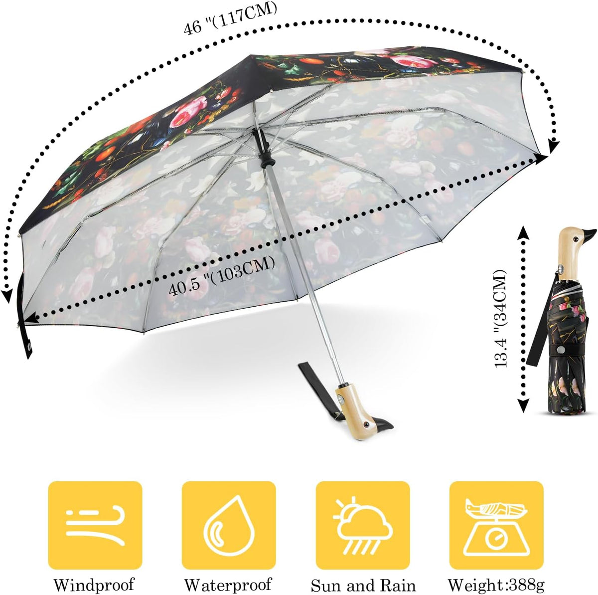 Cute Duck Umbrella Automatic Compact Folding Travel Rain for Women Kids