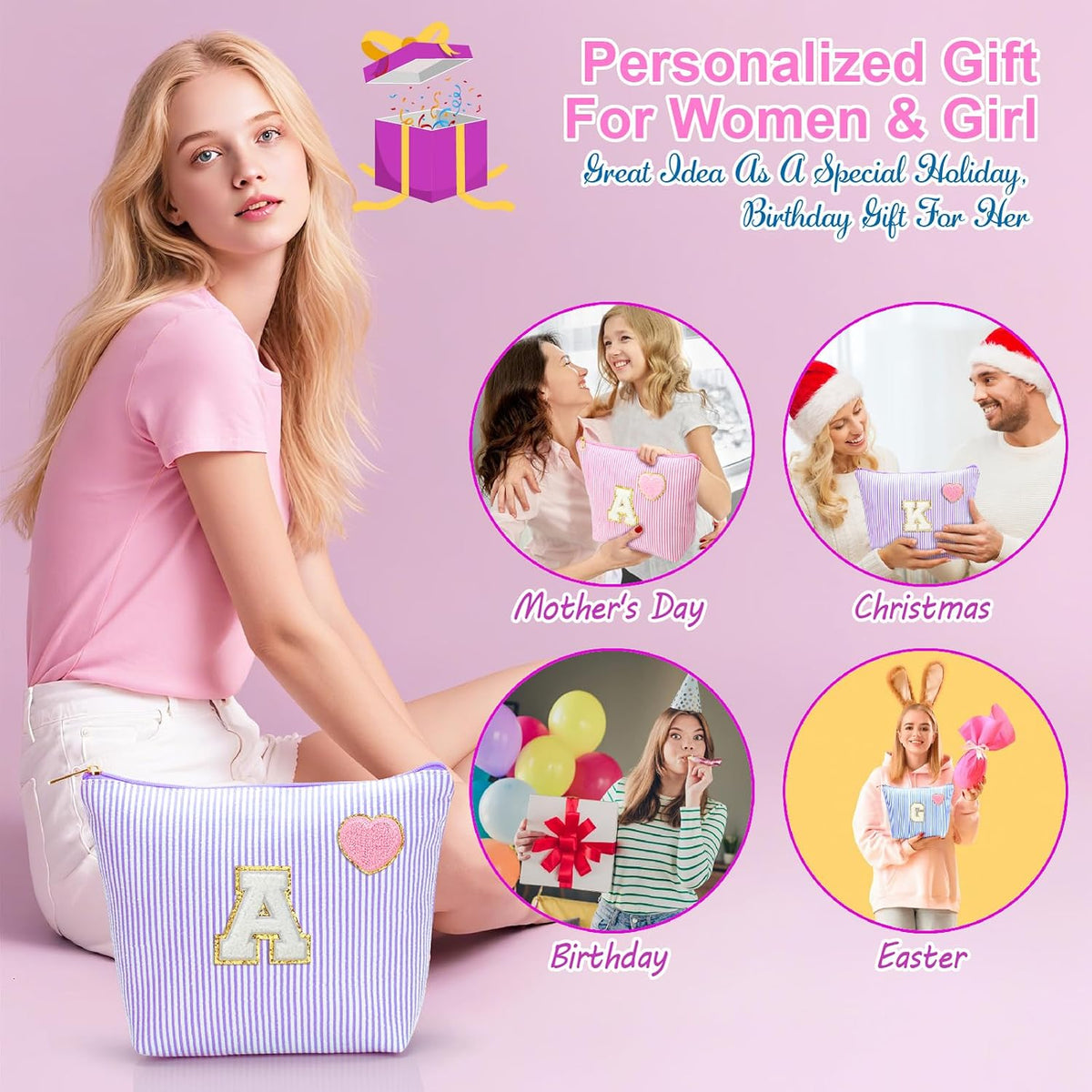 Personalized Initial Makeup Bag Pouch Cute Preppy Makeup Organizer bag