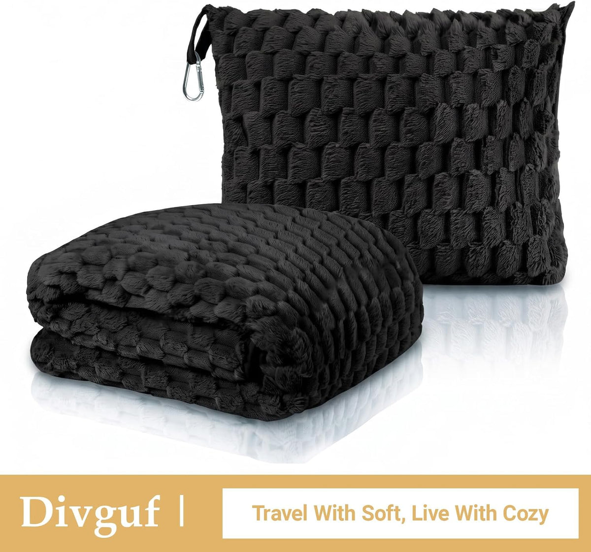 Travel Blanket with Bag, Soft Fleece Portable Airplane Blanket, Black