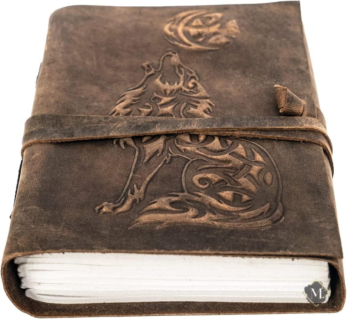 Wolf Vintage Leather Journal Notebook For Men Women - 200 pages Notebook Diary Dnd Travel Bullet Old Antique Large Bound Writing Gift 5 x 7 inch Dark Brown Lined paper