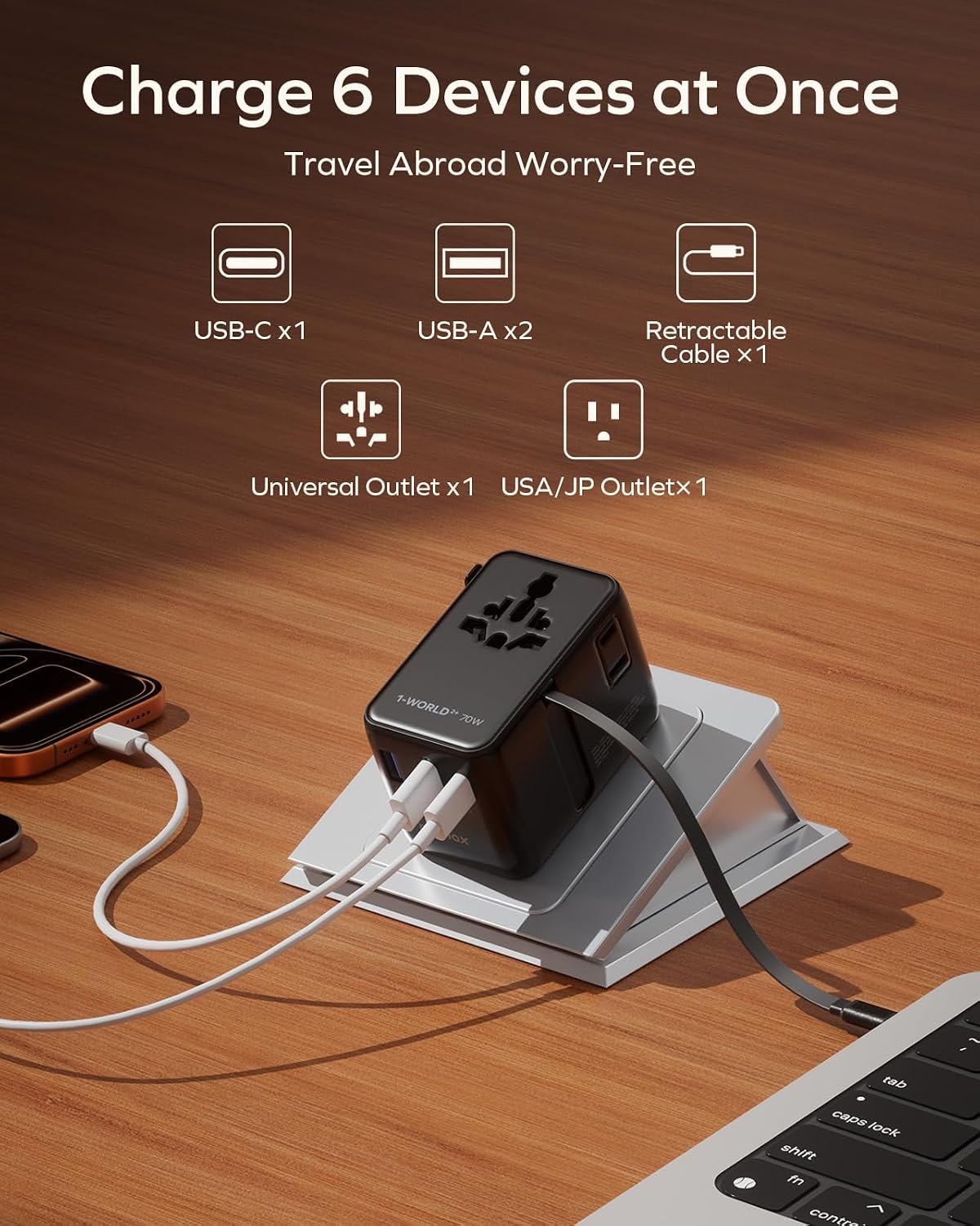 MOMAX 70W Universal Travel Adapter All-in-1 Plug Adapter with USB-C Cable