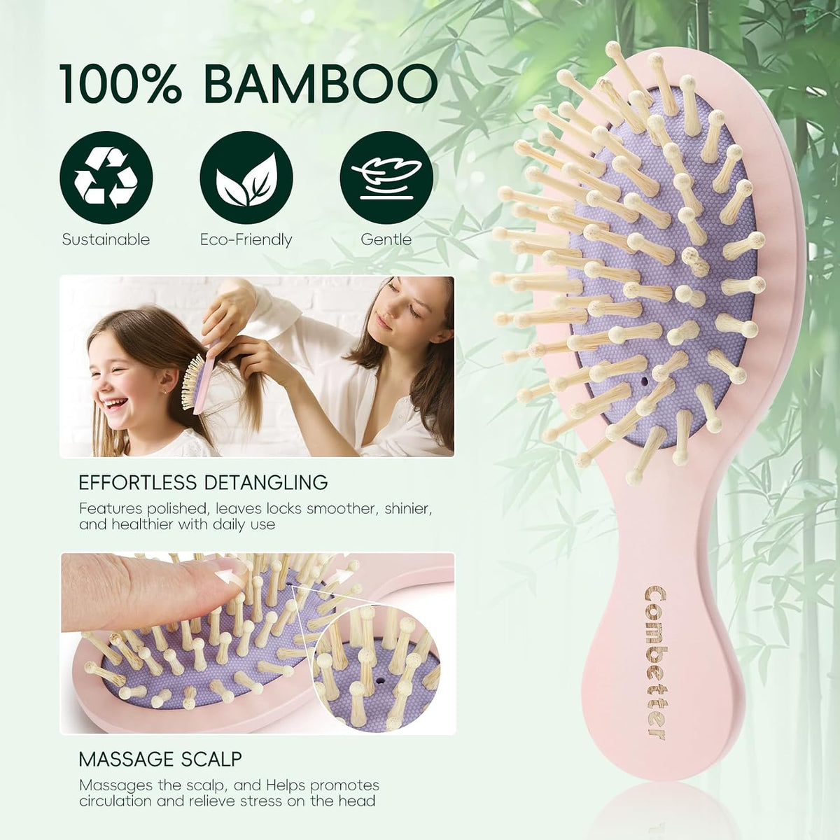 Small Bamboo Hair Brush for Women,Kids,Mini Scalp Massager for Travel