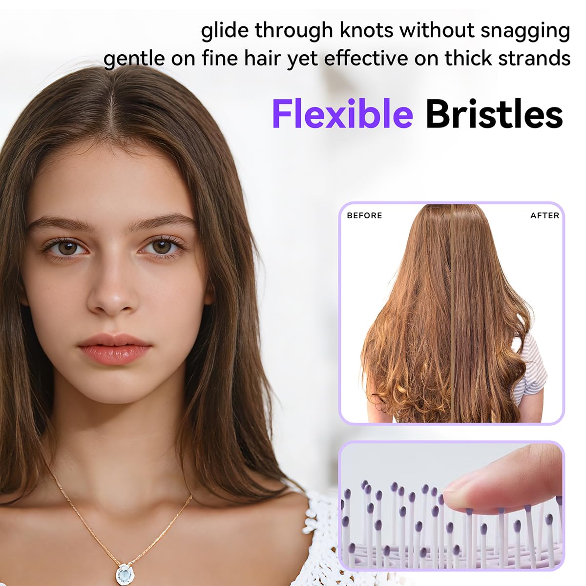 Self‑Cleaning Hair Brush, Curved Vented Detangler, Foldable Travel Purple