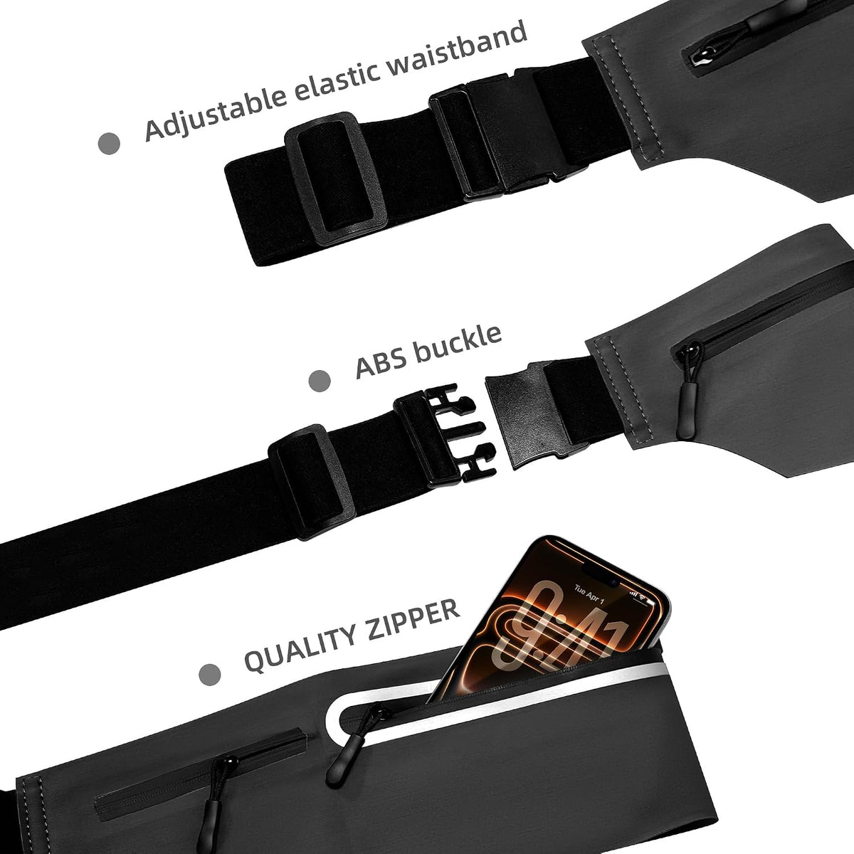 Running Belt for Men Women, Ultra-thin Run Belt with Pockets Secure Adjustable Fanny Pack Marathon Jogging Runners Belt for Phone, Keys & Essentials - Fits 6.9'' Phones (Black, X-Large)