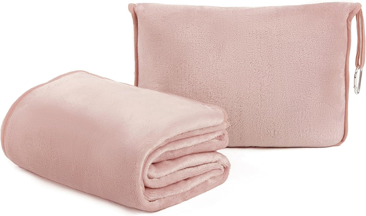ShezPretty Premium 2in1 Soft Travel Blanket Pillow with Airline Hand Luggage Sleeve and Backpack Clip Airplane (Light Pink)