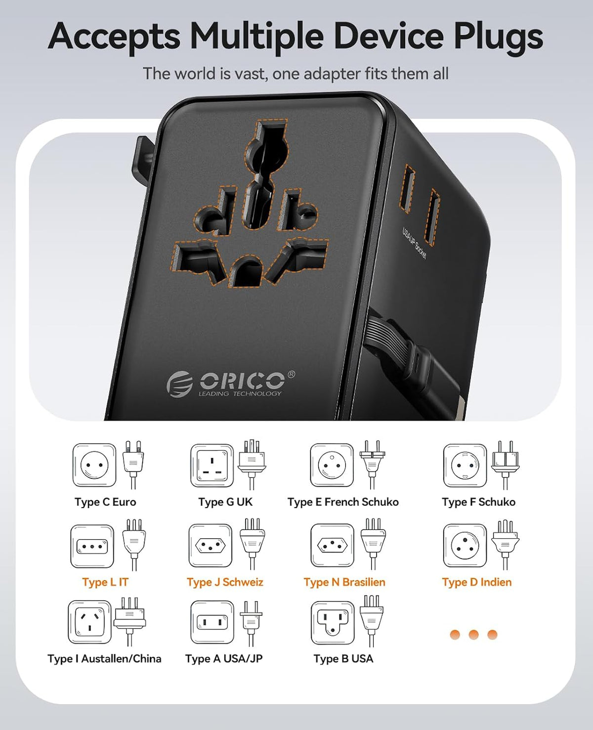 ORICO Universal Travel Adapter 100W GaN International Power Adapter