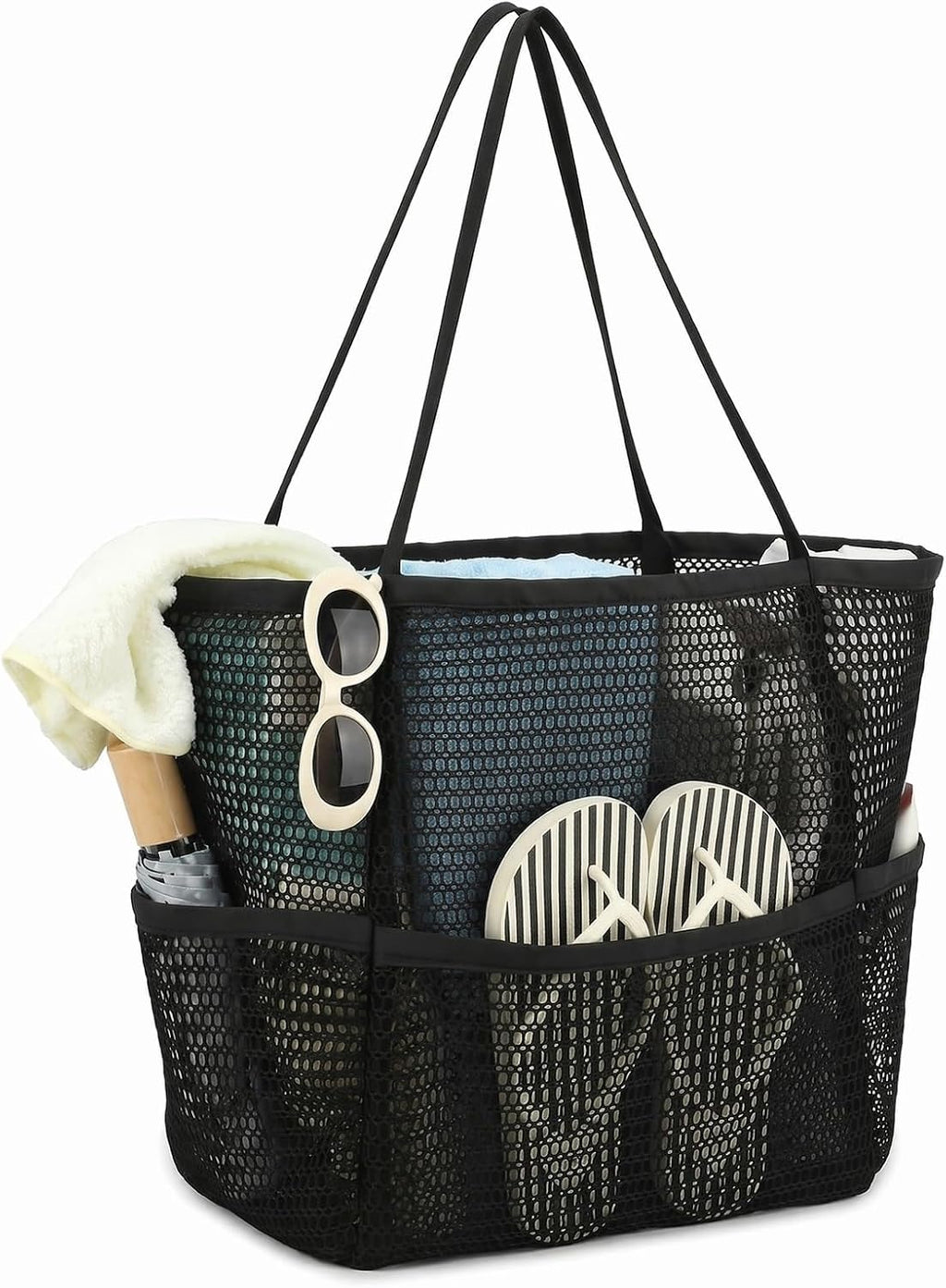 Black Foldable Mesh Beach Tote, 5-Pocket Sand-Proof Travel Bag