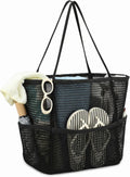 Black Foldable Mesh Beach Tote, 5-Pocket Sand-Proof Travel Bag