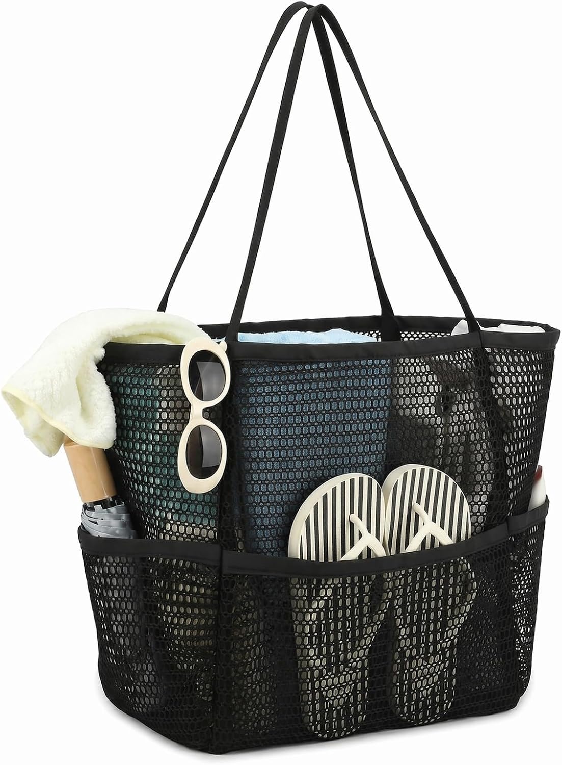 Black Foldable Mesh Beach Tote, 5-Pocket Sand-Proof Travel Bag